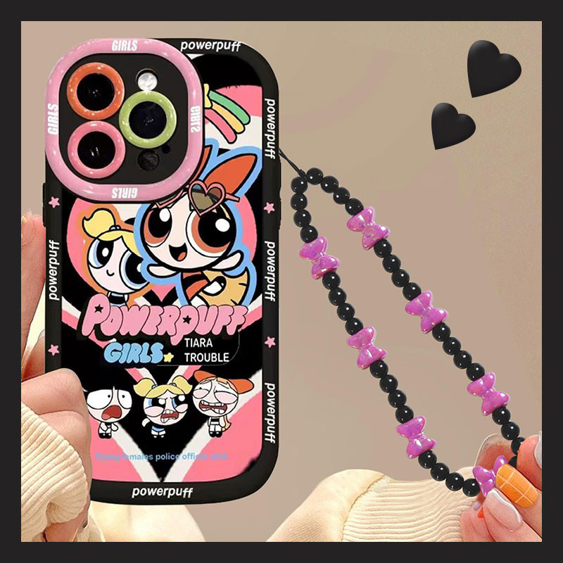 ใช้งานร่วมกับสําหรับ iPhone 15 14 13 12 11 Pro MAX X XR XS MAX 7 8 Plus เคสโทรศัพท์ Powerpuff Girls การ์ตูนน่ารัก high-end พัฟเคสโทรศัพท์ Soft Cover + สร้อยข้อมือป้องกันการสูญหาย