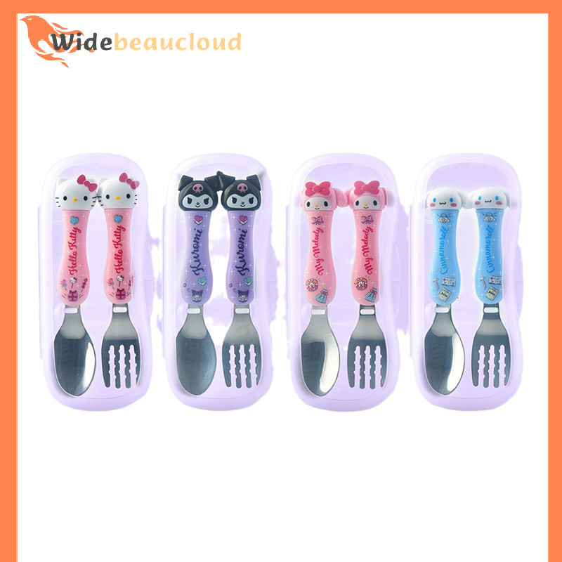Widebeaucloud Sanrio เด็กบนโต๊ะอาหาร Hello Kitty Melody Kuromi ซิลิโคนบนโต๊ะอาหารชุดสองชิ้น Cinnamoroll ช้อนส้อมเด็กของขวัญ Nice