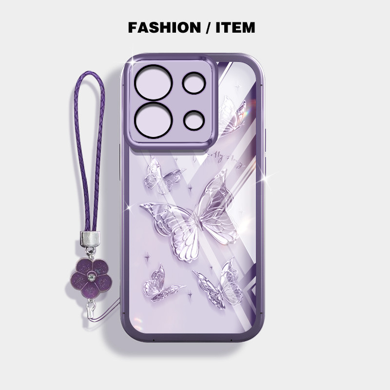 ผีเสื้อกันกระแทกกรณีXiaomi Redmi Note 13 Pro 4G 5G Note 13 13R Pro Plus Poco M6 Pro 4G Poco X6 Pro X6 Neo F6 Pro 5G K70E K70 Proโปร่งใสกรณีแขวนดอกไม้เชือก