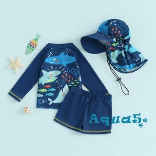 Aqq-baby Boy 3 ชิ้น Rash Guard ชุดว่ายน้ําน่ารักปลาพิมพ์แขนยาว Zip Up ชุดว่ายน้ําชุดว่ายน้ํา