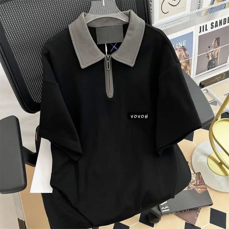 Retro สี Contrast Zipper เสื ้ อยืดแขนสั ้ นฤดูร ้ อนหลวมด ้ านบน
