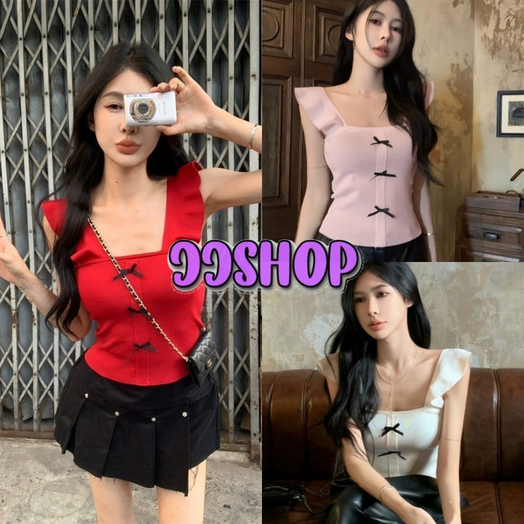 JJ Shop​ ​พร้อมส่ง เสื้อกล้ามไหมพรม แต่งแขนระบายน่ารักสไตล์เกาหลี ดีเทลติดโบว์ "AC05"