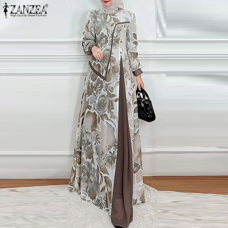 Zanzea ผู ้ หญิงมุสลิมลําลองคอกลมพิมพ ์ ลายดอกไม ้ แขนยาวปุ ่ มตกแต ่ งชุดหลวม