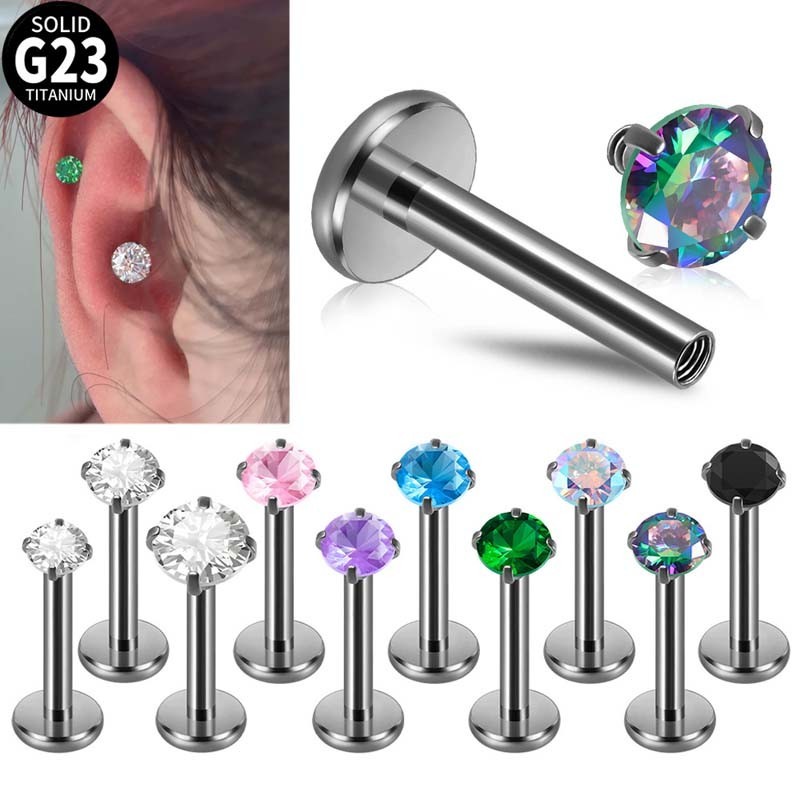 1 ชิ้น G23 ไทเทเนียมเพทาย Labret Lip Stud แบนหัวภายในด้ายสดเจาะ Helix Pinna Daith Tragus ต่างหู