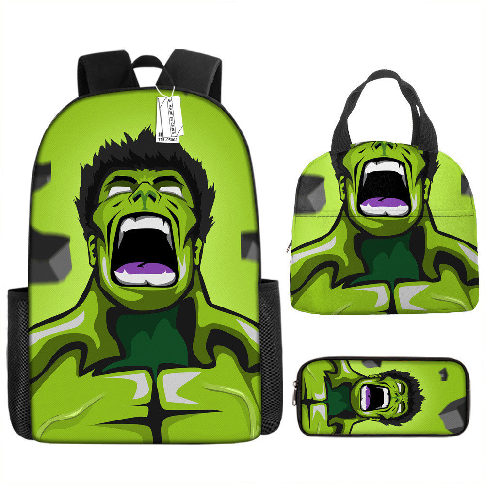 Marvel Character Hulk กระเป๋านักเรียนชุดนักเรียนประถมกระเป๋าเป้สะพายหลังความจุขนาดใหญ่การ์ตูนถุงอาหารกลางวันกล่องดินสอ
