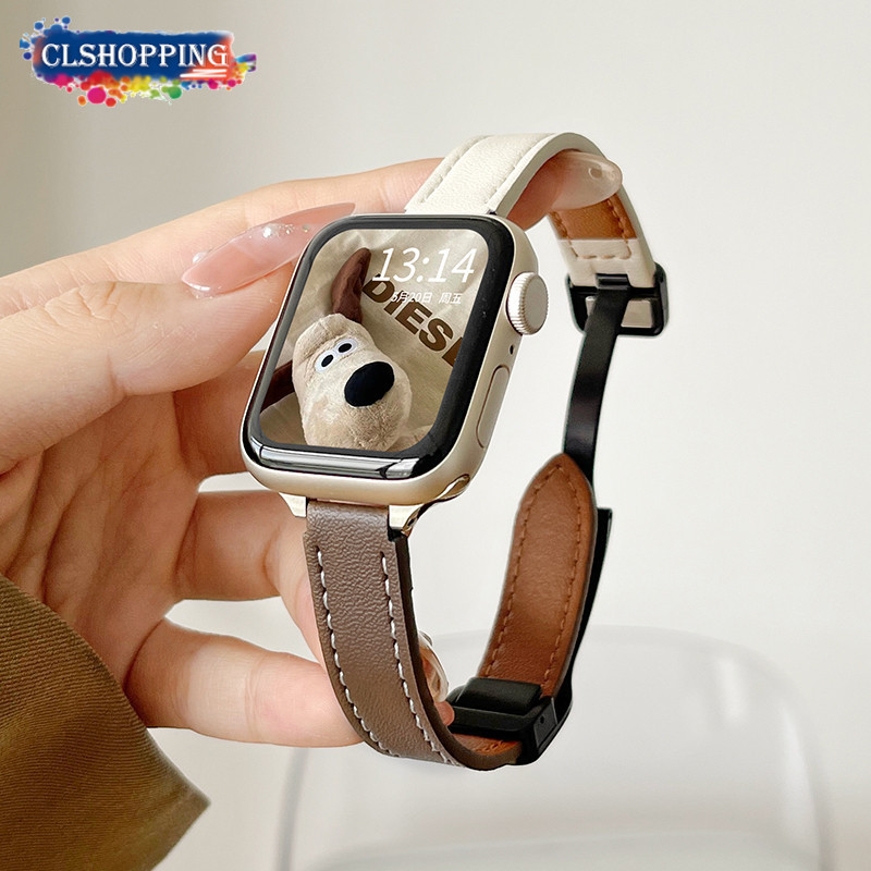 หนังหัวเข็มขัดแม่เหล็กสําหรับ Apple watch 9 8 45 มม.41 มม.Super 49 มม.Geniune สายหนังสําหรับ iWatch 