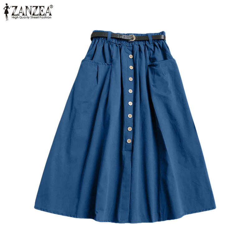 Zanzea ผู้หญิงเกาหลี Casual Elasticized เอว A-Hem กระเป๋าไม่มีเข็มขัดกระโปรงหลวม