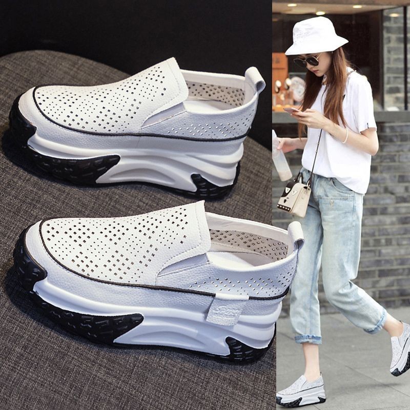 Breathable Hollow Hollow Hole Lazy Slip-On รองเท้าสีขาวหนา Soled