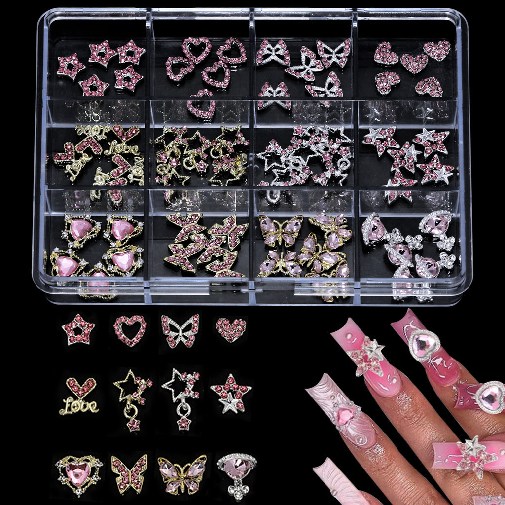 3d Nail Art Rhinestones Heart & Pentagram & Butterfly Nail Charms สีชมพู Rhinestones 12 กริด 5 ชิ้น/ประเภทเล็บอะไหล่อุปกรณ์เสริม