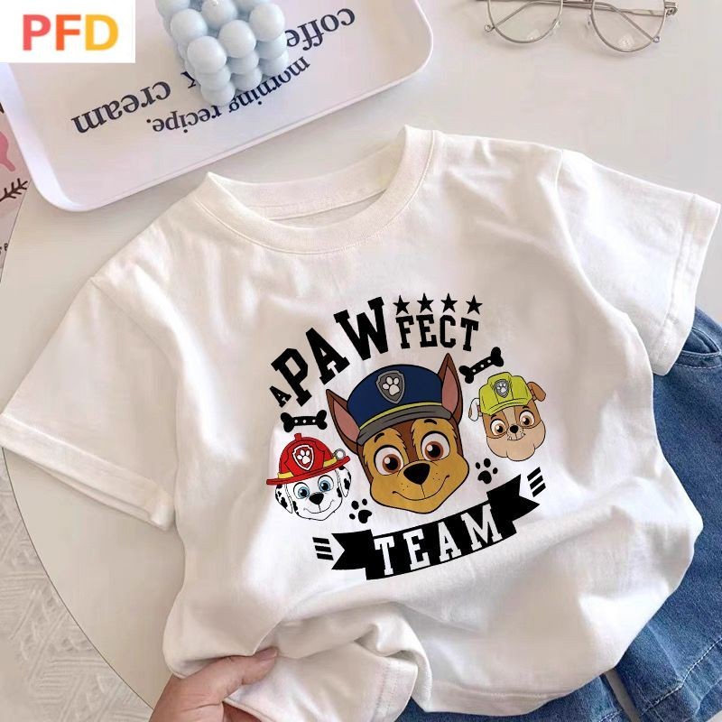 paw patrol วังทีมชายหญิงแขนสั้นการ์ตูนผ้าฝ้ายแท้เสื้อยืดเด็กสไตล์ใหม่เสื้อผ้าฤดูร้อนเด็กเล็กกลางครึ่