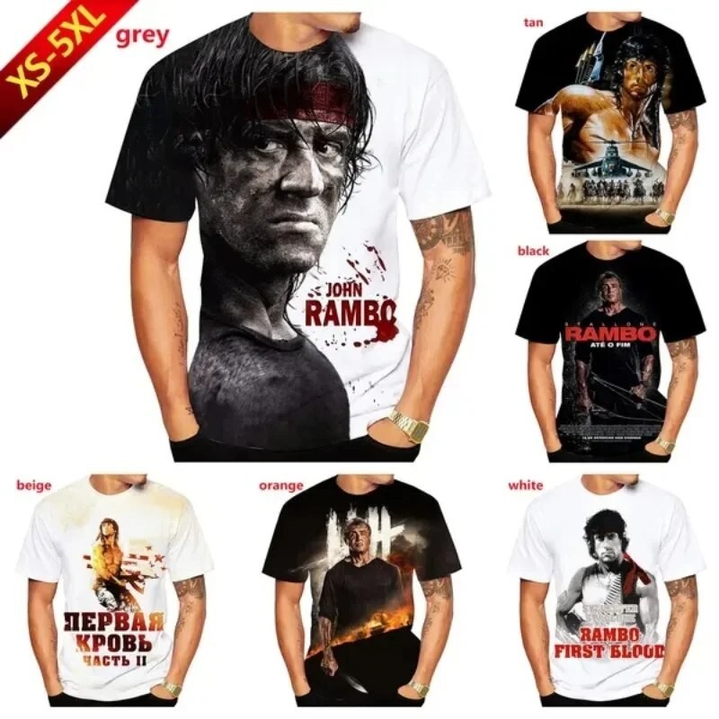 ภาพยนตร์แรมโบ้เสื้อยืดผู้ชาย三维พิมพ์ลําลองแขนสั้นเสื้อยืดเสื้อด้านบนเสื้อผ้าผู้ชายคุณภาพ ไฮคิว เสื้อยืดสําหรับผู้ชายที