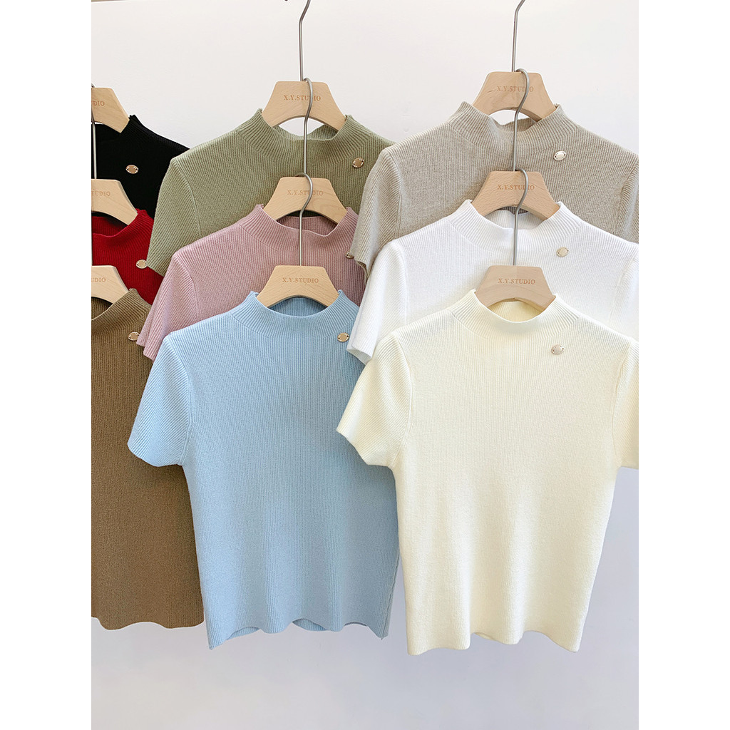 แขนสั้นเสื้อกันหนาวผู้หญิงสไตล์ใหม่อารมณ์slim-fit Slimmerดูครึ่งสูง