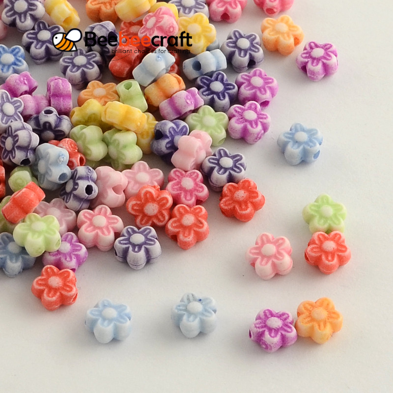 500ชิ้นหัตถกรรมสไตล์ลูกปัดอะคริลิที่มีสีสันดอกไม้ผสมสี7x4มิลลิเมตรหลุม: 1.5มิลลิเมตร