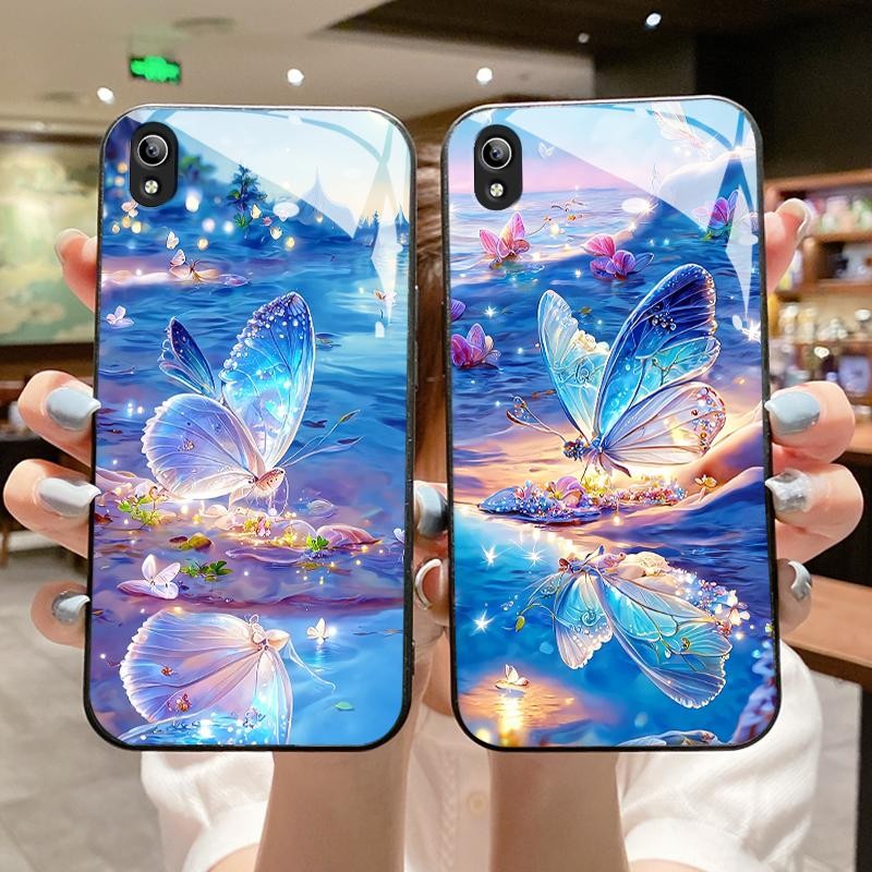เหมาะสำหรับ VIVO Y91C Y91 Y91i Y93 Y90 Y9s ป้องกันกรณีโทรศัพท์เลนส์เคส Simple Dragonflies Glass Butt