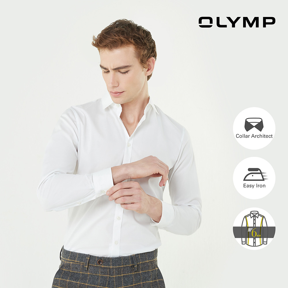 OLYMP No. Six Shirt เสื้อเชิ้ตชาย สีขาวผ้าเรียบ ทรงเข้ารูป ยืดหยุ่นได้ดี รีดง่าย NOSLGR เสื้อเชิ้ตทำงาน