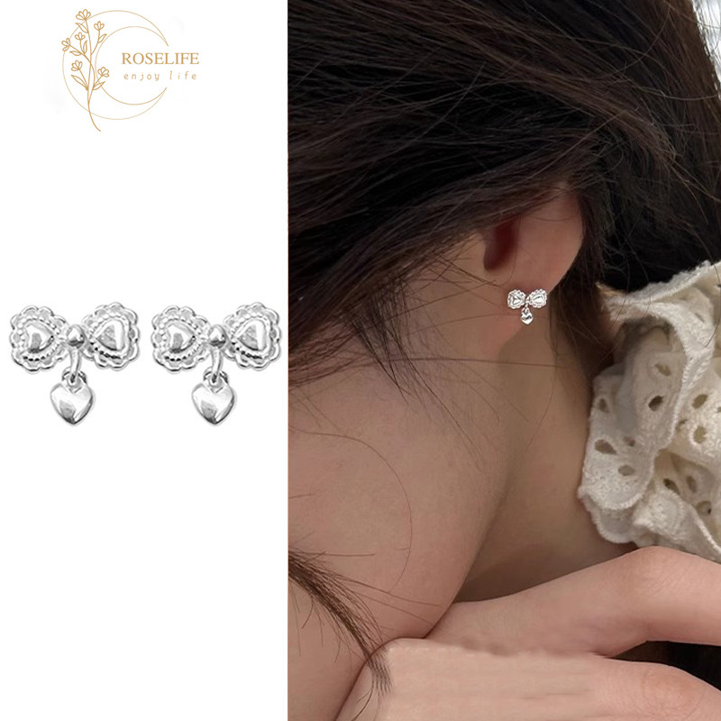 Roselife เกาหลี S925 เงิน 1 คู่หัวใจลูกไม้ Bow Stud ต่างหูสําหรับผู้หญิงหญิงสวมใส่ทุกวัน Pick ฟรีเครื่องประดับหู