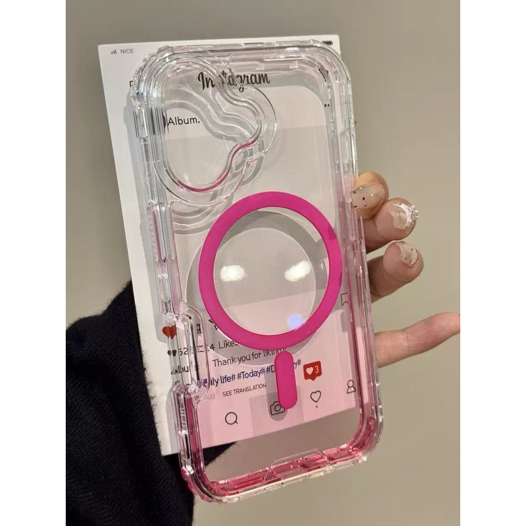 หรูหรา 3-in-1 Gradient สีชมพูแม่เหล็กอะคริลิคเคสโทรศัพท์สําหรับ IPhone 16 Pro Max 15 14 13 12 11 16 Plus ปลอกกันกระแทกหนาเลนส์กล้องป้องกัน Hard ฝาหลัง IPhone