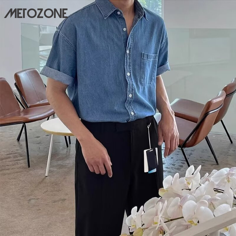 เอร์เชนชิ เสื้อเชิ้ตยีนส์ผู้ชายฤดูร้อนแบบบางสไตล์เกาหลีอินเทรนด์เสื้อเชิ้ตแขนสั้นสไตล์วิทยาลัย