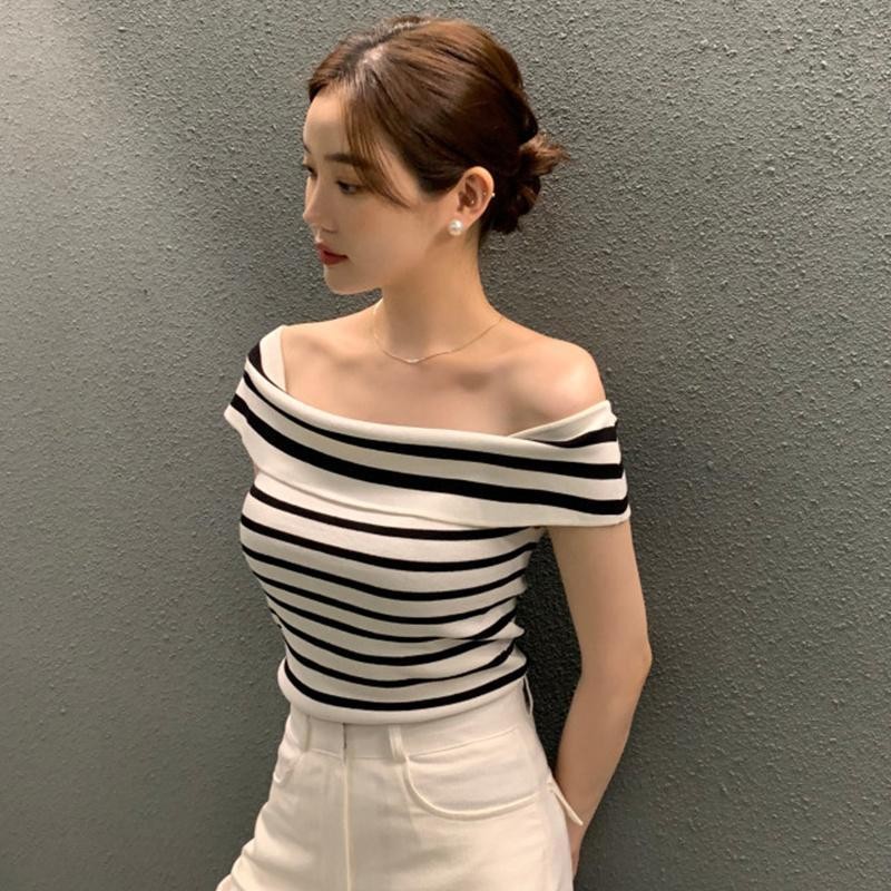 เสื้อยืดถักลายทางสำหรับบวทญิง แขนสั้น สลิม แฟชั่นฤดูร้อน 3 สี#LG021