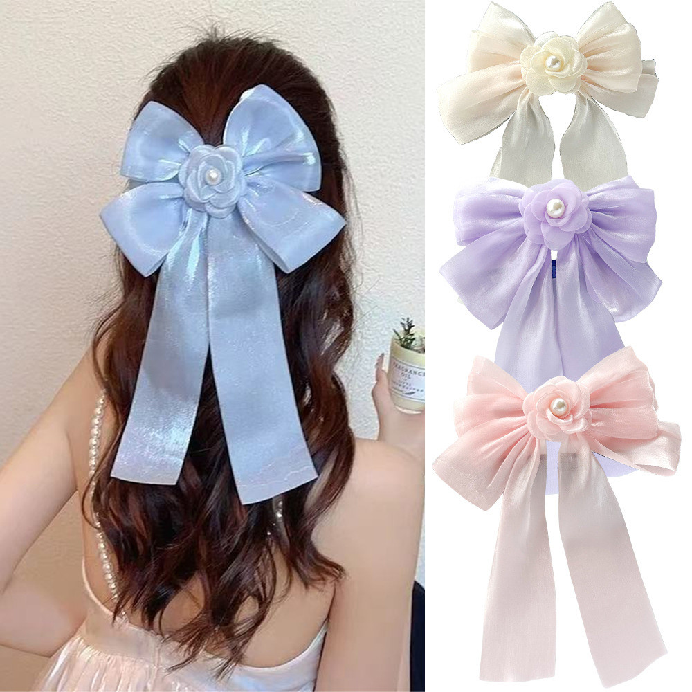 กิ๊บติดผมเส้นด้าย Super Fairy Mercerized โบว์ดอกไม้มุกพร้อมลําแสงยาวคลิปด้านบนคลิปฤดูใบไม้ผลิสําหรับทรงผมผู้หญิง