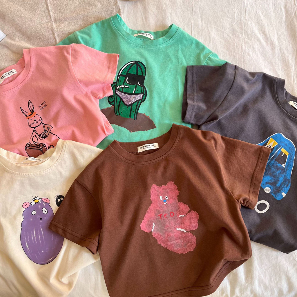 เวอร์ชั่นเกาหลีผ้าฝ้ายแท้เด็กพิมพ์สไตล์ใหม่แขนสั้นชายหญิงเด็กเสื้อผ้าเด็กแฟชั่นด้านบนการ์ตูนทุกการแข่งขันรอบคอฤดูร้อนด้านบน - รูปที่ 2