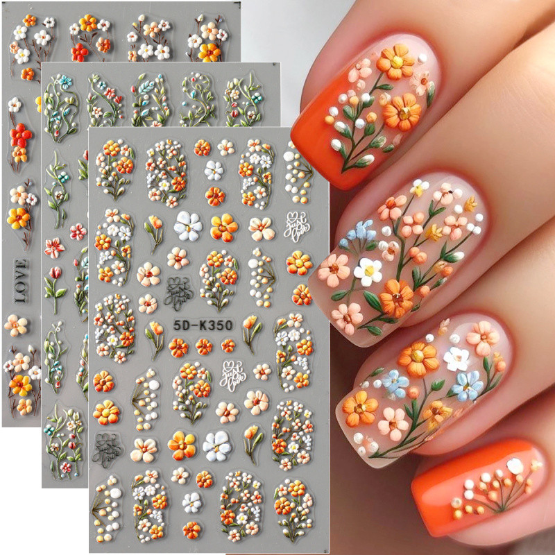 5d Daisy นูนสติกเกอร์เล็บฤดูใบไม้ผลิดอกไม้สดออกแบบอะคริลิคห้ากลีบดอกไม้ Self-Adhesive เล็บ Decals ตกแต่ง