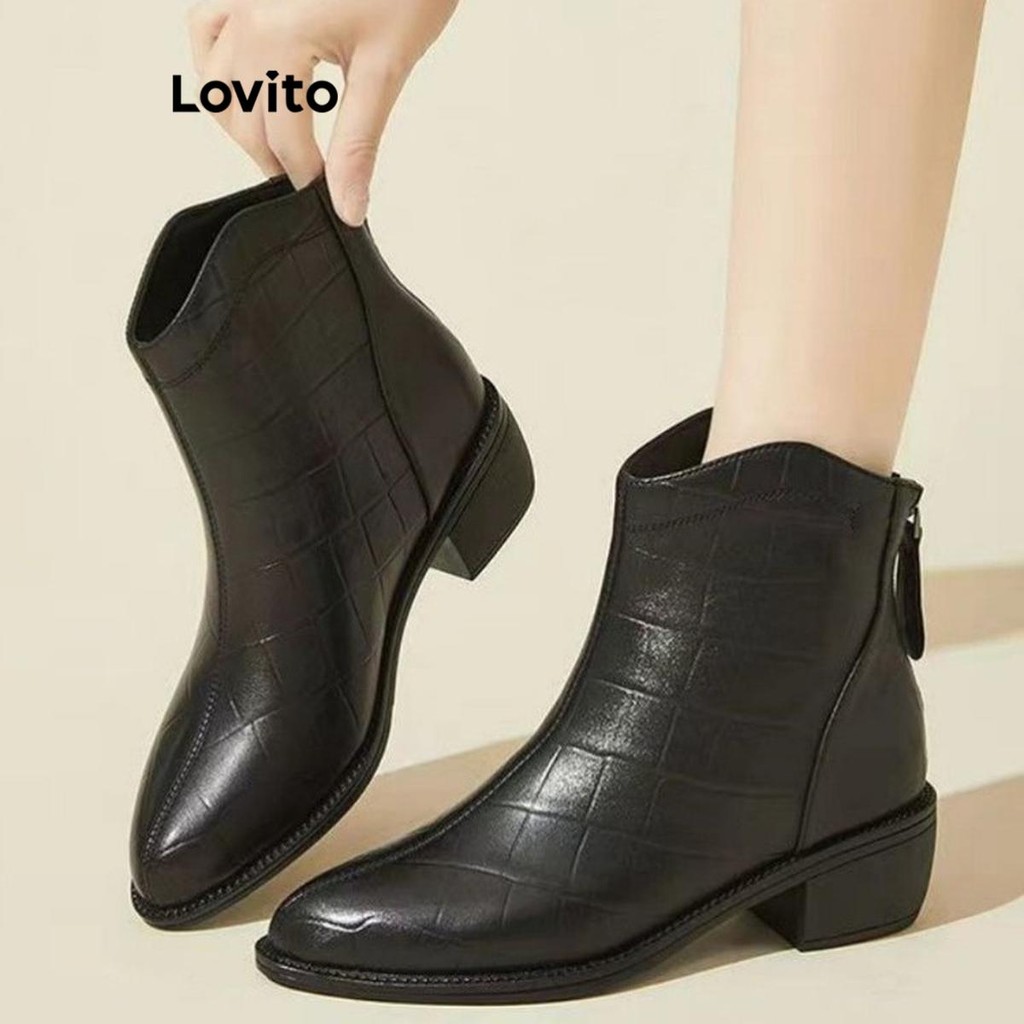 Lovito รองเท้าบูทหนังนิ่มส้นแหลมลายหินสไตล์เกาหลีสำหรับผู้หญิง LFA62295