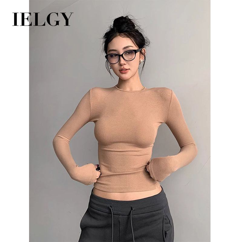 IELGY เสื้อยืดคอกลมทรงสลิมสีทึบชั้นเสื้อยืดแขนยาวสําหรับผู้หญิง