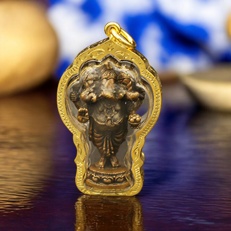 พระพิฆเนศ จี้พระพิฆเนศ  พระตรีมุข คณปติ กรอบทองไมครอน สูง 3x4 ซ.ม  ปางของการบุกเบิก เริ่มต้นชีวิตใหม