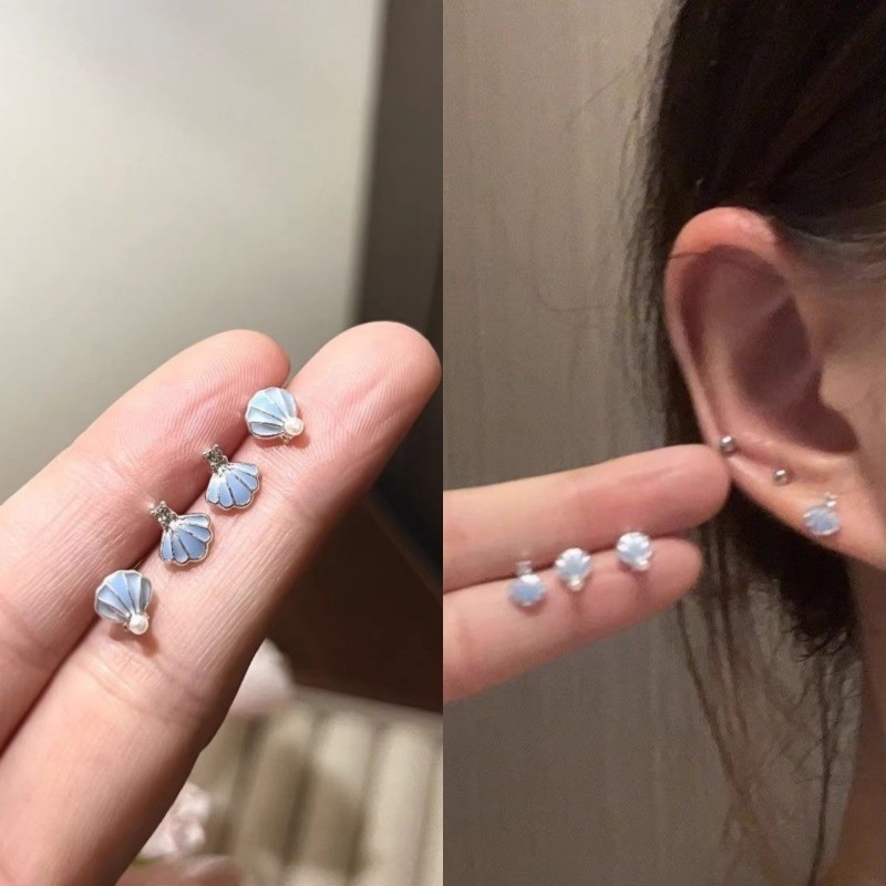 4 ชิ้น/ล็อต Ocean Blue Shell S925 Silver Plated Ear Studs Zircone ต่างหูอุปกรณ์เสริม