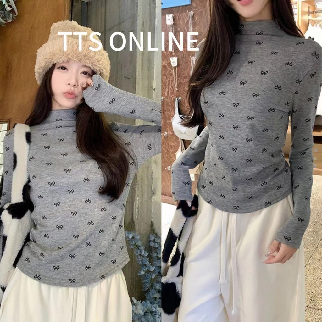 TTS🔥ครึ่งคอเต่าดอกไม้โบว์กำมะหยี่แขนยาวเสื้อยืดผู้หญิงฤดูใบไม้ร่วงและฤดูหนาวใหม่เสื้อbottoming