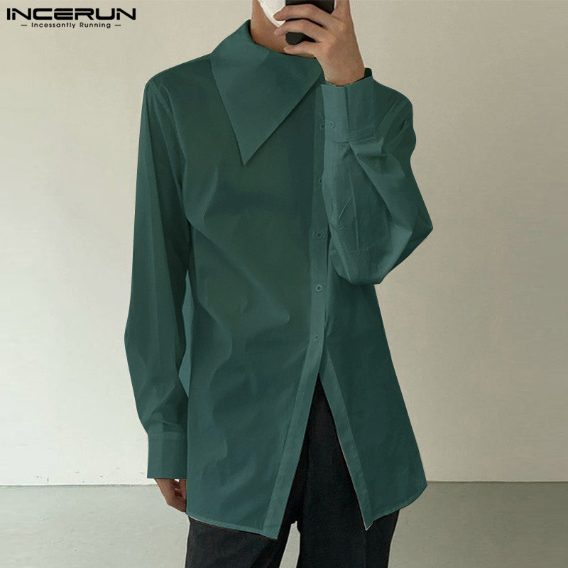ไม่แน่นอน เสื้อเชิ้ตแขนยาวสีทึบคอปกไม่สมมาตรสําหรับผู้ชาย – โปรปัง