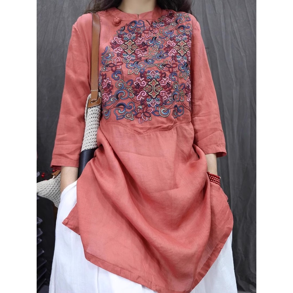 C CP ฤดูใบไม้ผลิฤดูร้อน Retro Tencel Heavy Industry เย็บปักถักร้อยวรรณกรรม All-Match Top หลวมสไตล์ตะ