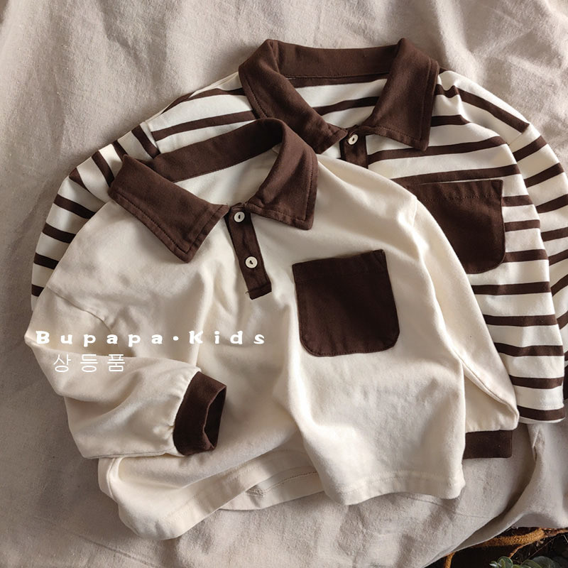 ฤดูใบไม้ผลิและฤดูใบไม้ร่วง เสื้อแขนยาวผ้าฝ้ายแท้สำหรับเด็กผู้ชาย สีสันสดใส ลายทาง คอปกพับ แบบสบายๆ