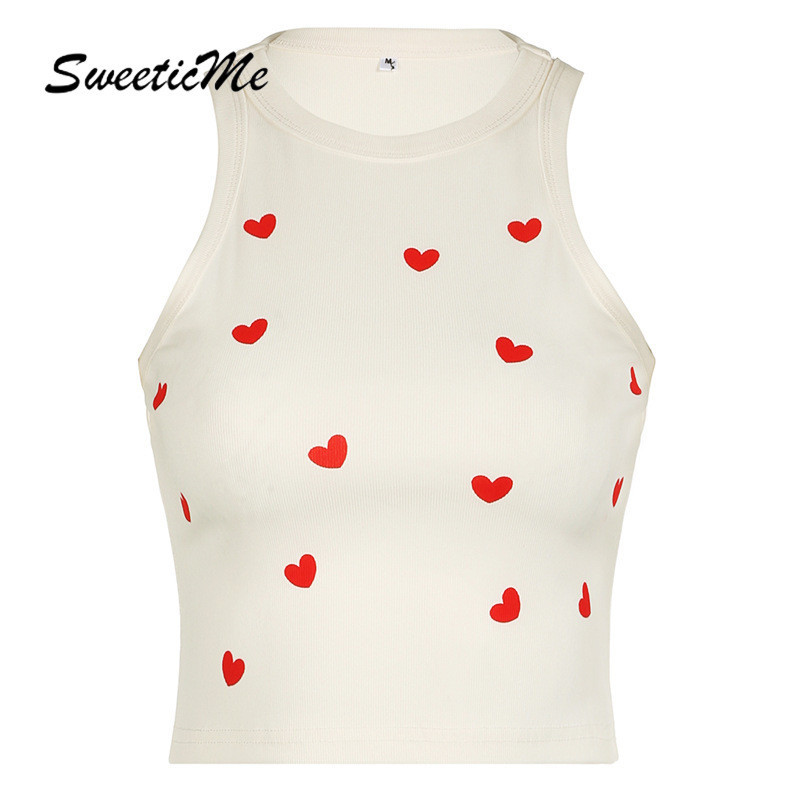 SweeticMe แฟชั่นผู้หญิงใหม่ Basic Love Heart พิมพ์รอบคอ Causal Tank Tops Camisole
