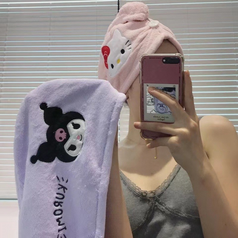 หมวกคลุมผมแห้ง Sanrio Hello Kitty My Melody Kuromi เย็บปักถักร้อย ดูดซับผมแห้ง หมวกสามเหลี่ยม สุภาพสตรี ผ้าขนหนูผมยาว หมวกอาบน้ํา