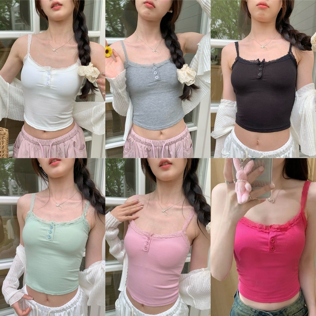 🍨Evelyn🍨ครอปกล้าม ลูกไม้ ซับใน เสื้อกล้ามผู้หญิง⛱ชุดไปทะเล ใส่สบาย🌼#OJ0111