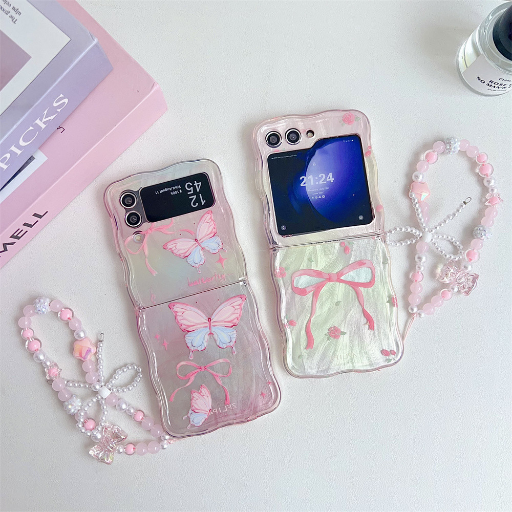 เคสโทรศัพท์มือถือ ลายผีเสื้อน่ารัก พร้อมสายคล้องมือ ประดับโบว์ สําหรับ Samsung flip5 Galaxy Z Flip 5 4 3 ZFlip5 Flip4 Z Flip3