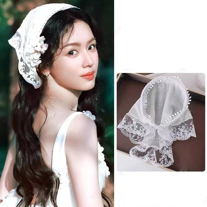 ที่คาดผมลูกไม้ลายจุดฝรั่งเศสหวานและน่ารักผ้าพันคอสามเหลี่ยมสไตล์ชนบทที่คาดผมภาพชายหาดฤดูใบไม้ผลิ/ฤดูร้อน