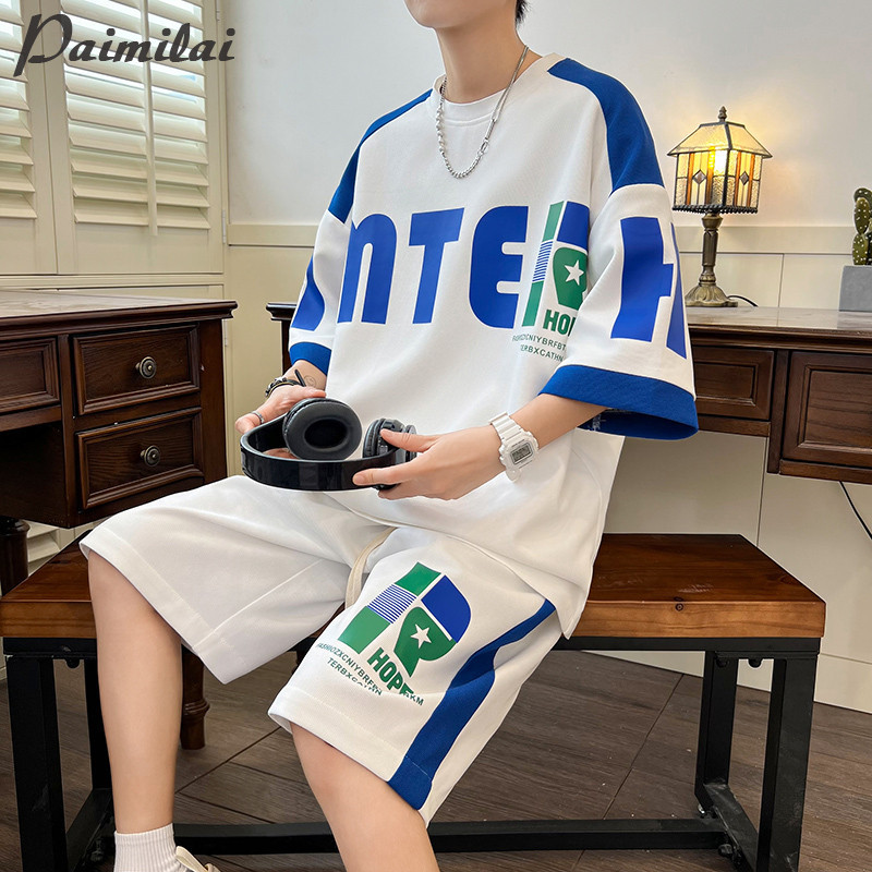 ชุดเสื้อแขนสั้น กางเกงขาสั้น ลายวาฟเฟิล สุดเท่ สําหรับผู้ชาย และนักเรียน ไซซ์ M - 5XL