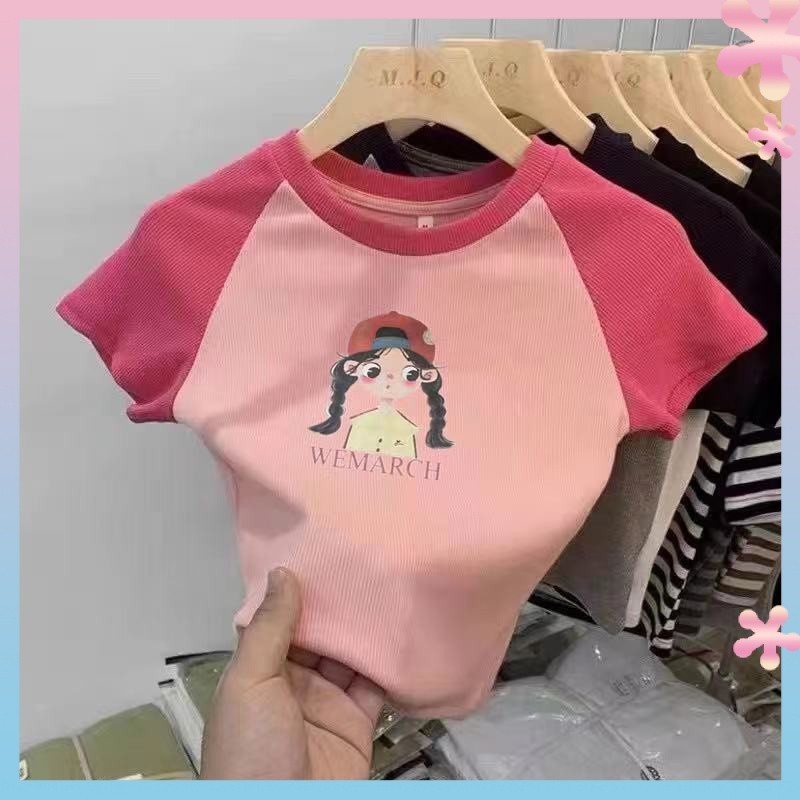 Girls' Short-Sleeved Summer New round Neck Color Matching Cartoon Base Printing Baby Leisure Trendy Thin Thread Top