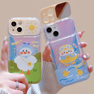 สำหรับ iPhone 11 15 14 13 12 Pro MAX 7 8 14 Plus XS MAX เคส แฮปปี้เติมน้ำมันเป็ดพลิกกรณีโทรศัพท์กระจก ป้องกันการตก