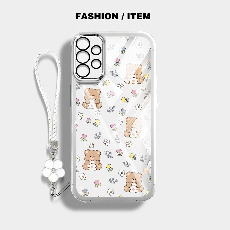 เคสโทรศัพท์มือถือแบบใส กันกระแทก ลายดอกไม้ หมี พร้อมสายคล้อง สําหรับ Samsung Galaxy A52 A72 A32 A23 4G A52 A72 A32 A23 A33 A53 A73 5G A52S