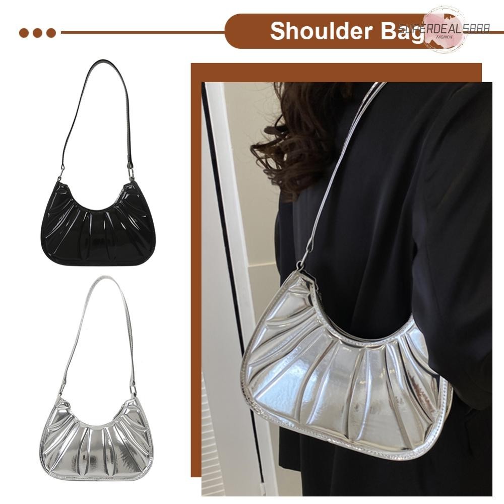 [SuperDeals888.th ] Casual Women Shoulder Bag Pleated Underarm Bag Simple Portable Female Armpit Bag