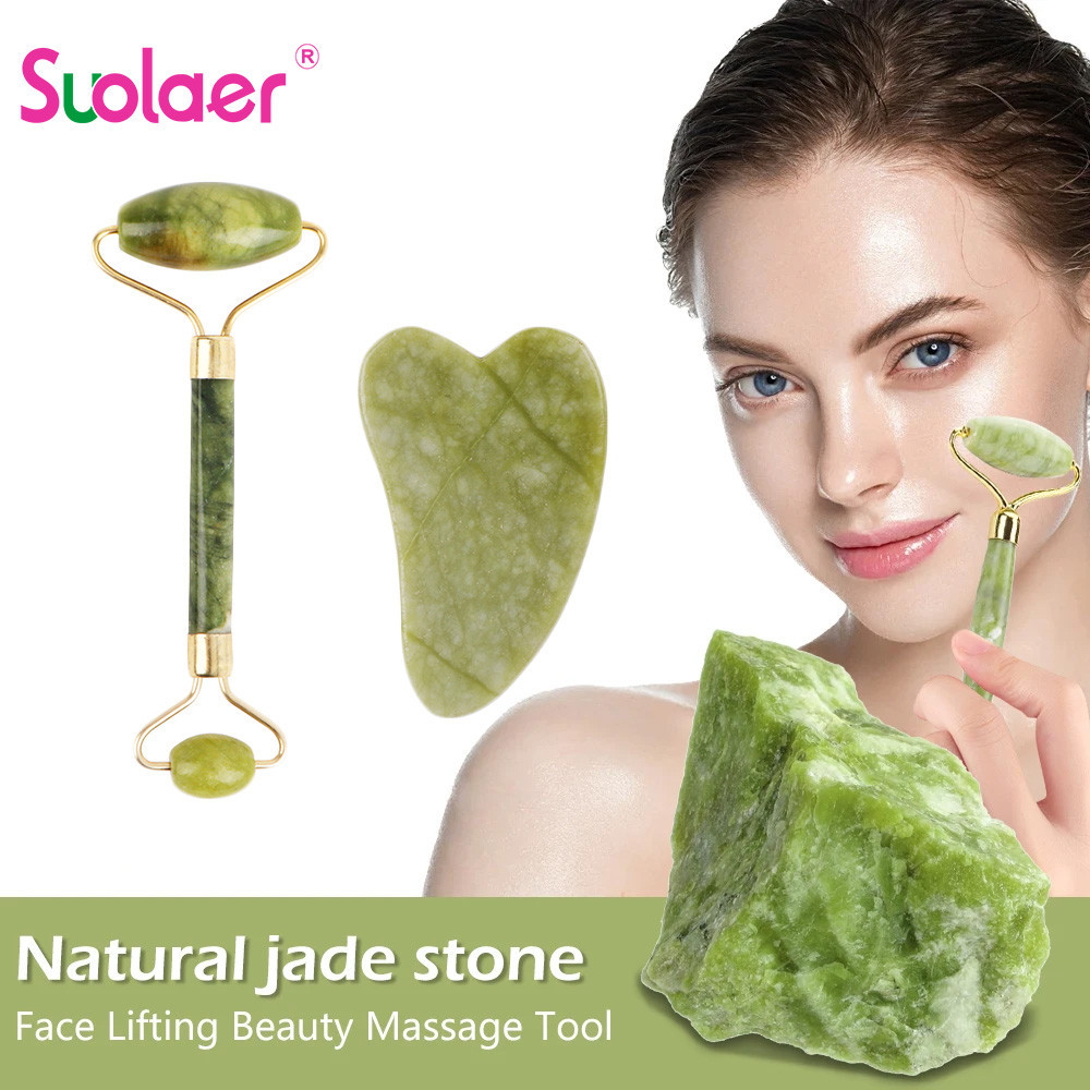 2pcs/kit Gua Sha นวดสําหรับ Face Care ลูกกลิ ้ งหยกความงามสุขภาพผิวขูดคางยกหินธรรมชาติ Gouache นวด