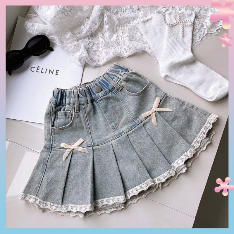Girl Sweet Denim Skirt2024Summer New Korean Style Children's Fashion Pleated Skirt Little Girl All-Matching
