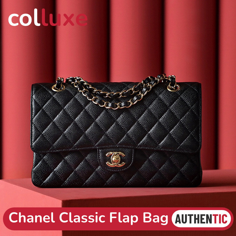 👜ชาแนล Chanel Classic Flap CF Shoulder Bag สีดำ GHW &amp; SHW กระเป๋าสะพายผู้หญิง Caviar คาเวียร์