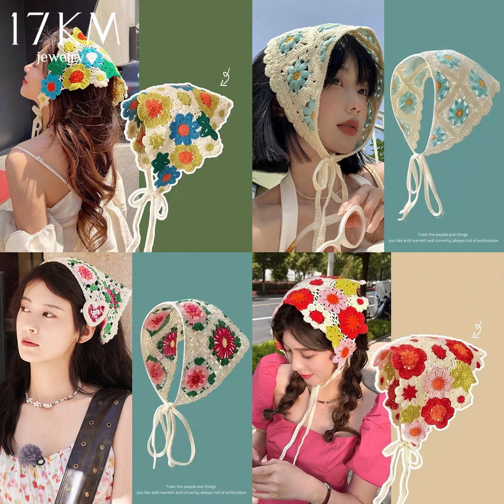 17KM ที่คาดผมผ้าพันคอ ผ้าโพกหัว ลายดอกไม้ โครเชต์ถัก ที่คาดผม หญิง ย้อนยุค อิทธิ