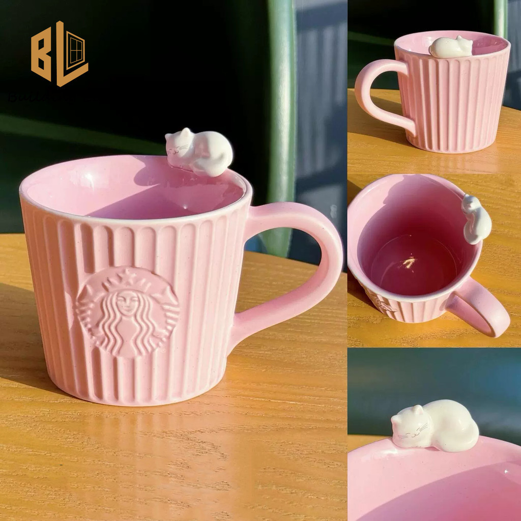 Starbucks Cup สีชมพูสามมิติแมวเซรามิคถ ้ วยสํานักงานเดสก ์ ท ็ อปถ ้ วยดื ่ มถ ้ วยกาแฟ 296ml