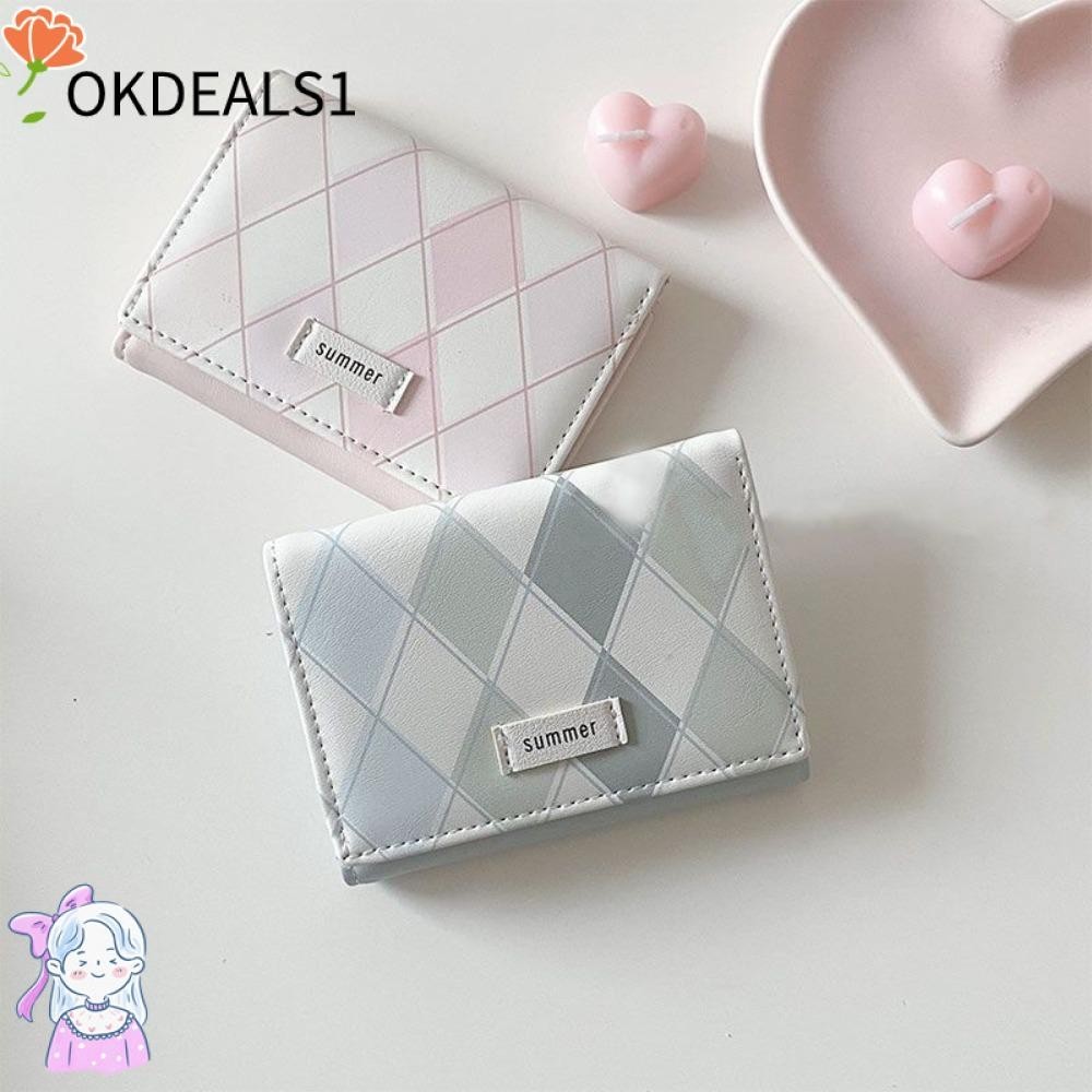 Dealshop กระเป๋าใส่บัตรเครดิต หนัง PU ลายตารางหมากรุก สีฟ้า แฟชั่นเรียบง่าย อเนกประสงค์ สําหรับผู้หญิง
